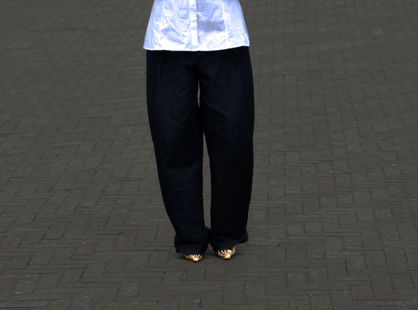 Full outfit with bijou heels and wide black trousers