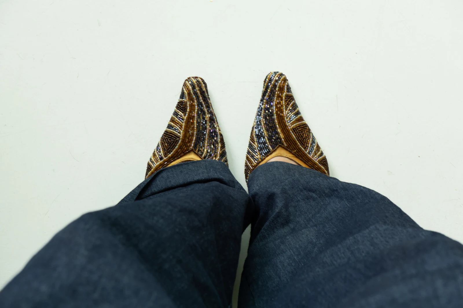 Beaded bijou heels photographed from above