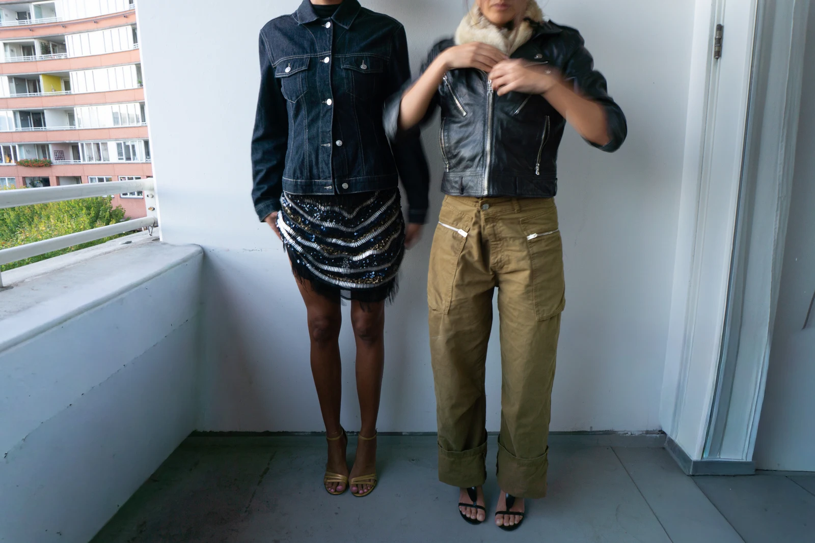 Two outfits photographed together in a mirror